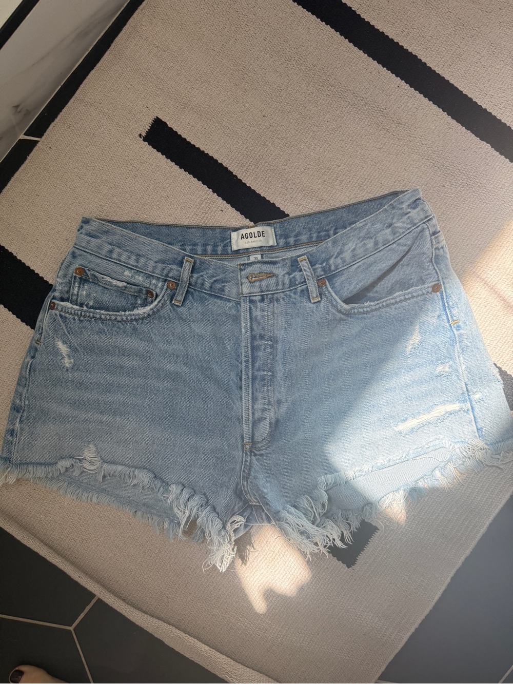 Agolde Light Blue Distressed Frayed Hem Denim Shorts